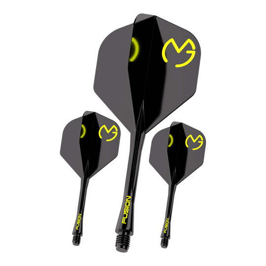 Sistema de eje de vuelo Winmau Fusion Michael Van Gerwen Pacman No6 Das Bild zeigt drei schwarze Dartflights mit gelbem "MVG"-Logo und der Aufschrift "FUSION" auf den Schäften. Es handelt sich um das Produkt "Winmau Fusion Flight-Shaft-System Michael Van Gerwen Pacman No2 Standard".