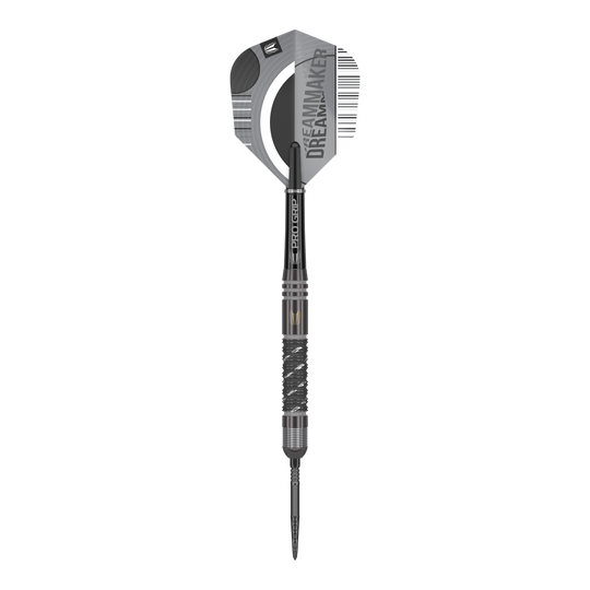 Dardos de acero Target Dimitri Van Den Bergh X Echo Swiss Point Das Bild zeigt den Target Dimitri Van Den Bergh X Echo Swiss Point Steeldart. Der Dartpfeil ist größtenteils schwarz und silber und hat die Aufschrift "DREAMMAKER" auf dem Flight.