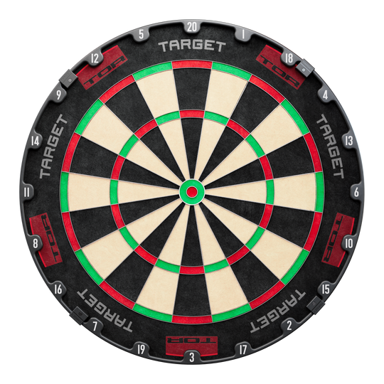 Diana de acero Target TOR Target TOR Steeldartboard ist als rundes Dartboard klar abgebildet. Die Segmente und Zahlen sind sichtbar.