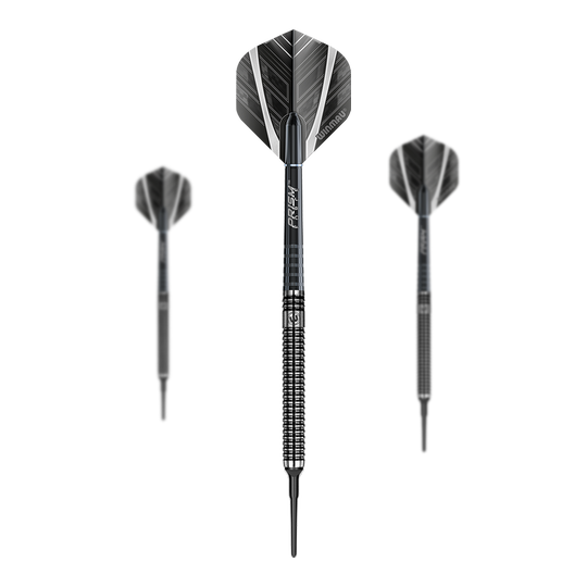 dardos blandos de tungsteno Winmau Blackout Das Bild zeigt drei Winmau Blackout Tungsten Softdarts mit schwarzem Design. Die Darts haben eine strukturierte Griffzone und auffällige schwarz-silberne Flights.