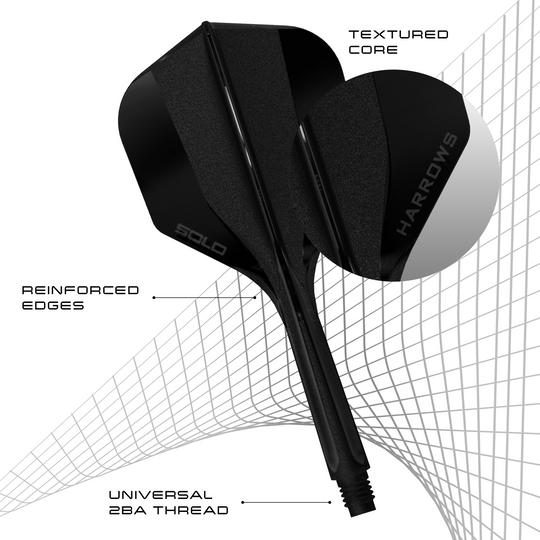 Abgebildet ist das Harrows Solo No6 Flight-Shaft-System in Schwarz. Das Produkt ist in einer anderen Perspektive zu sehen.