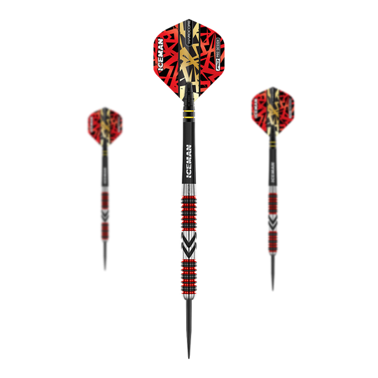 Dardos de acero Red Dragon Gerwyn Price Firebird Das Bild zeigt drei Steeldarts mit auffälligen roten und schwarzen Flights. Die Schäfte sind silbern mit roten und schwarzen Rillen sowie der Aufschrift "ICEMAN".