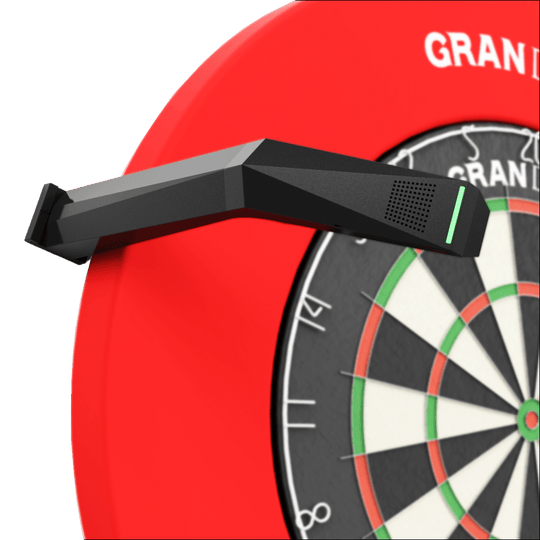 Sistema de puntuación automática de dardos de acero GranDarts Gran Eye GEN2 Das Bild zeigt das GranDarts GranEye Steeldart Auto-Scoring-System, das über einem Dartboard installiert ist. Das schwarze Gerät erkennt automatisch die Treffer auf der Dartscheibe und wertet sie aus.