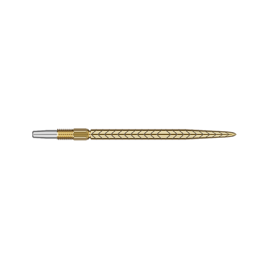 Puntas de dardos Target Swiss Point RVE - Oro Das Bild zeigt eine goldfarbene Dartspitze mit einem feinen, eingravierten Muster. Die Spitze ist lang und hat ein elegantes, schlankes Design.