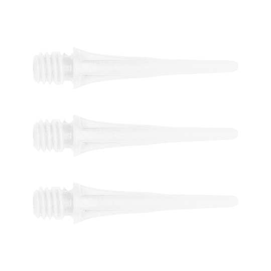 Cosmo Fit Point Plus 2BA Spitzen 19mm (50er Pack) Das Bild zeigt drei weiße, spitze Kunststoffteile mit Gewinde am linken Ende. Sie sind ordentlich übereinander angeordnet.