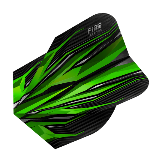 HR2_Harrows_Fire_Green_Standard_Flights_2 Harrows Fire Green Standard Flights mit Flammenmotiv. Die Flights liegen überlappend nebeneinander.