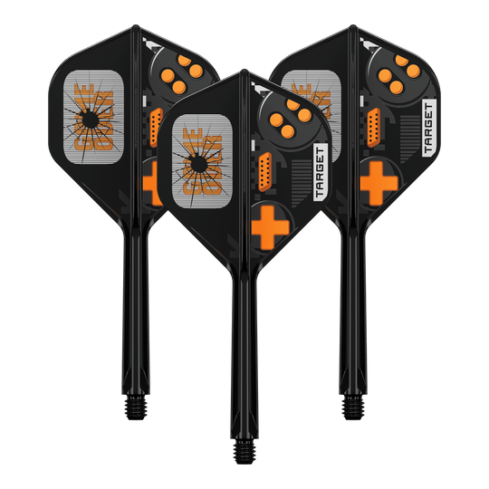 Target K-Flex Juego Terminado No2 Vuelos Estándar Das Bild zeigt das Produkt 410581_Target_K-Flex_GameOver_No2_Standard_Flights_33mm_1Set. Es ist wahrscheinlich ein Set von Dart-Flights oder ähnlichem Zubehör.