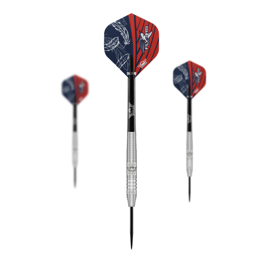 Bulls NL Richard Veenstra 80 dardos de acero - 23g Das Bild zeigt drei Steeldarts des Modells "Bulls NL Richard Veenstra 80" mit 23g Gewicht. Die Flights sind rot-blau gestaltet und auf dem mittleren Dart ist das Logo gut zu erkennen.