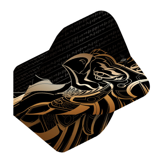 Das Bild zeigt das Produkt "Mission Solo Horus No2 Standard Flights". Das Design ist schwarz-gold mit einem stilisierten Horus-Motiv und ägyptischen Schriftzeichen.