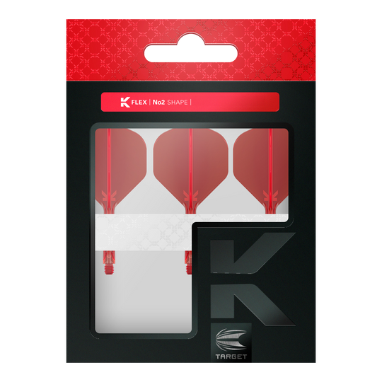 Sistema de vuelo estándar Target K-Flex No2 - Rojo Die Abbildung zeigt eine Packung mit drei roten Dart-Flights von Target in der Form No2. Die Verpackung ist überwiegend schwarz mit einem roten oberen Abschnitt und einem Sichtfenster.