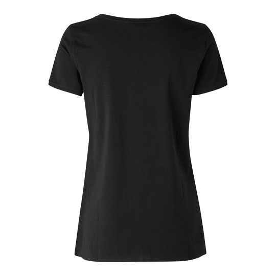 Camiseta Barriles y Ejes - Mujer - Negro Das Bild zeigt ein schwarzes Damen-T-Shirt von hinten. Das T-Shirt hat einen einfachen, klassischen Schnitt ohne sichtbare Aufdrucke oder Muster.