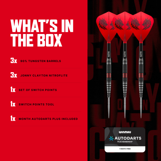 Dardos de acero Red Dragon Jonny Clayton RD-PRO Switch Point Die Aufnahme zeigt Red Dragon Jonny Clayton RD-PRO Switch Point Steeldarts aus einer anderen Perspektive. Die feine Struktur und Form der Darts ist erkennbar.