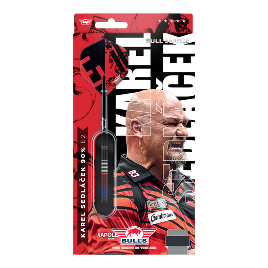 Auf dem Bild befinden sich die Bulls NL Karel Sedlacek E2 Steeldarts - 24g. Sie sind ideal für Dartspieler, die Präzision und Qualität schätzen.