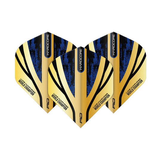 Vuelos Red Dragon Hardcore Premium Luke Humphries Gold Standard Das Bild zeigt drei Dart-Flights mit einem gold-schwarzen und blauen Design. Auf den Flights steht "Luke Humphries World Champion" sowie "Hardcore".