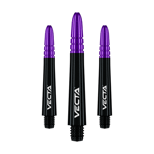 Das Bild zeigt drei Dartschäfte mit schwarzem Schaft und violettem Kopf. Auf den Schäften steht das Wort "VECTA" in weißer Schrift.