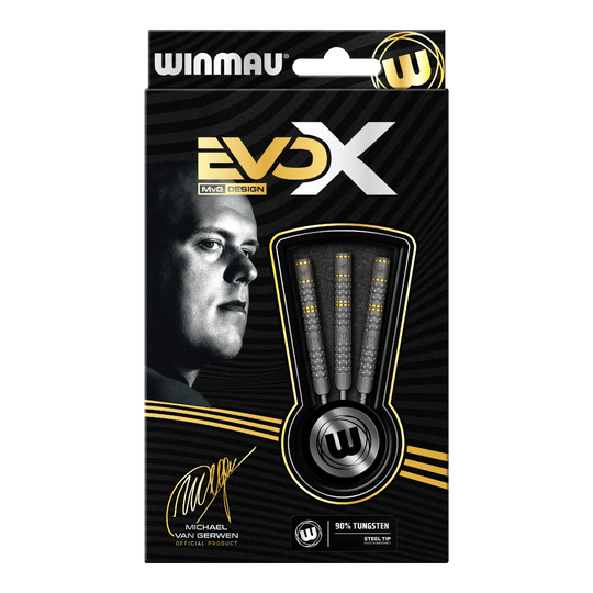 Dardos de acero Winmau Michael Van Gerwen Evo-X Die Verpackung zeigt die "Winmau Michael Van Gerwen Evo-X Steeldarts" mit stilvollem Design und prominenter Abbildung von Michael Van Gerwen. In der Packung sind drei Steeldarts mit 90% Tungsten-Anteil sichtbar.