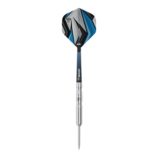 Dardos de acero Bulls Stone S3 Das Bild zeigt einen Bulls Stone S3 Steeldart. Der Dart hat ein silbernes Barrel und ein Flight mit blau-schwarzem Muster.