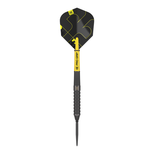 Dardos de acero Target Bolide Void 02 Swiss Point Das Bild zeigt einen Target Bolide Void 02 Swiss Point Steeldart. Der Dartpfeil ist schwarz mit gelben Akzenten und hat eine strukturierte Griffoberfläche.