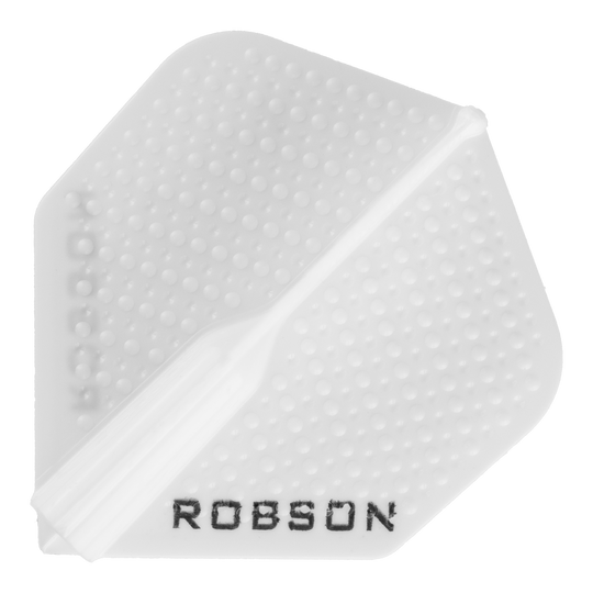 Robson Plus Dimple Flights - Weiß Das Bild zeigt einen weißen Robson Plus Dimple Flight für Dartpfeile. Auf dem Flight ist die Marke "ROBSON" in schwarzen Buchstaben zu sehen.