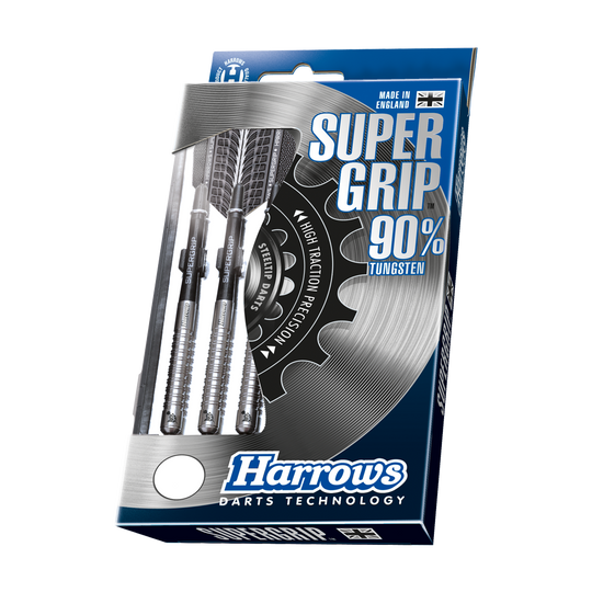 HA11650-Harrows-Supergrip-90-Tungsten-Steeldarts-3-4-Plastikbox Das Bild zeigt eine Verpackung der "Harrows Supergrip 90% Tungsten Steeldarts". In der Schachtel sind drei silberne Steeldarts mit einem hohen Wolframanteil zu sehen.