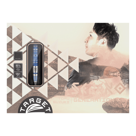 Dardos de acero Target Japan Toru Suzuki Sereno GEN1 Swiss Point - 21 g Die Verpackung zeigt die Steeldarts "Target Japan Toru Suzuki Sereno GEN1 Swiss Point" mit einem Gewicht von 21g. Auf der rechten Seite ist eine Porträtaufnahme eines Mannes abgebildet.