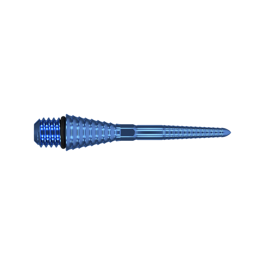 380176_Target_Titanium_Swiss_Point_Grooved_Conversion_Points_Blau_26mm_2 Das Bild zeigt eine blaue, gerillte Dartspitze aus Metall. Sie hat ein konisches Design mit Schraubgewinde am Ende.