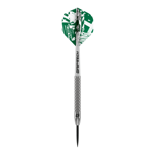 Dardos de acero de tungsteno GOAT Fairway V2 Das Bild zeigt einen GOAT Fairway V2 Tungsten Steeldart. Der Dart hat eine silberne Spitze und Schaft sowie grüne Flights mit weißem Muster.