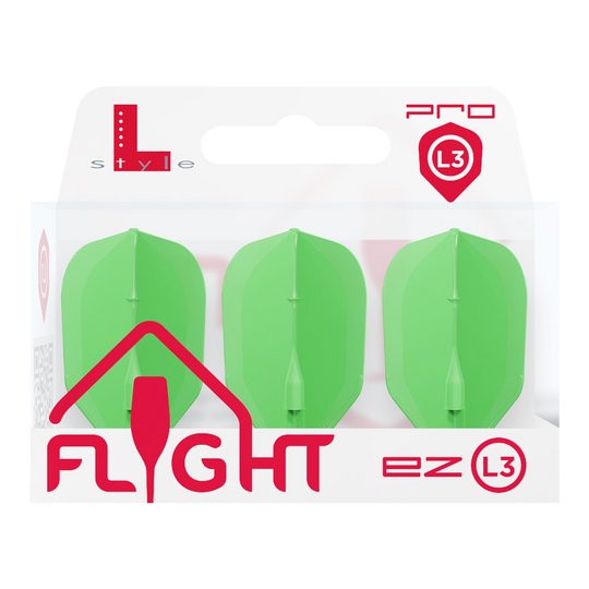 Vuelos L-L-Style3EZ Das Bild zeigt eine Packung mit drei neon-grünen Dartflights. Die Verpackung ist mit "L-Style Flight EZ L3" beschriftet.