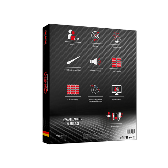 Die Abbildung zeigt die Verpackung der elektronischen Dartscheibe Karella CB 50 Turnierausführung. Auf der Rückseite sind die wichtigsten Produkteigenschaften und Funktionen grafisch dargestellt.