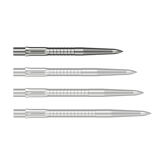 Abgebildet ist eine silberne Caliburn Evo System Steeldartspitze Micro Grip mit 28 mm Länge. Die Spitze liegt deutlich sichtbar auf einem hellen Hintergrund.