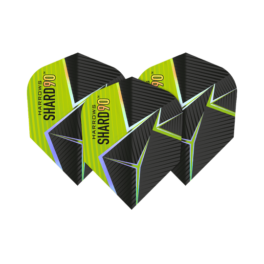 Harrows Prime Shard No6 Vuelos Das Bild zeigt drei Harrows Prime Shard No6 Flights für Darts. Die Flights haben ein schwarz-gelbes Design mit futuristischen Linien und dem Aufdruck "SHARD 90".