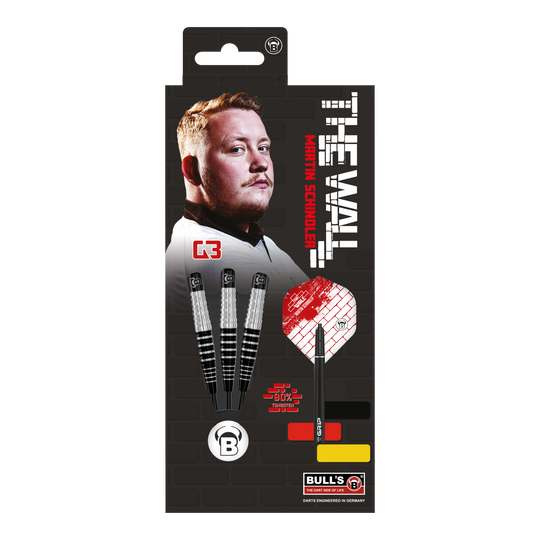Dardos de acero Bulls Martin Schindler Original Generación 3 Auf dem Bild ist die Verpackung der "Bulls Martin Schindler Original Generation 3 Steeldarts" zu sehen. Auf der Verpackung sind ein Porträt von Martin Schindler und drei Steeldarts abgebildet.