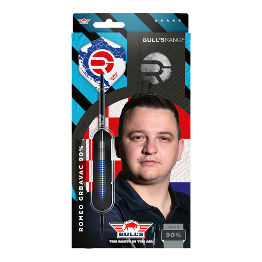 Dardos blandos Bulls NL Romeo Grbavac - 19 g Die Verpackung zeigt die Softdarts "Bulls NL Romeo Grbavac" mit einem Gewicht von 19g. Auf der Vorderseite ist auch das Bild eines Mannes und das Logo von Bulls abgebildet.
