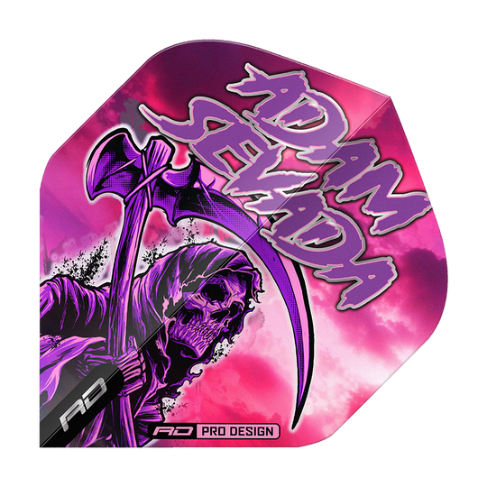 Vuelos estándar Red Dragon Hardcore Adam Sevada Premium No2 Das Bild zeigt das Produkt "Red Dragon Hardcore Adam Sevada Premium No2 Standard Flights". Auf dem Flight ist ein düsteres Sensenmann-Motiv vor einem pink-violetten Hintergrund mit dem Schriftzug "Adam Sevada" zu sehen.