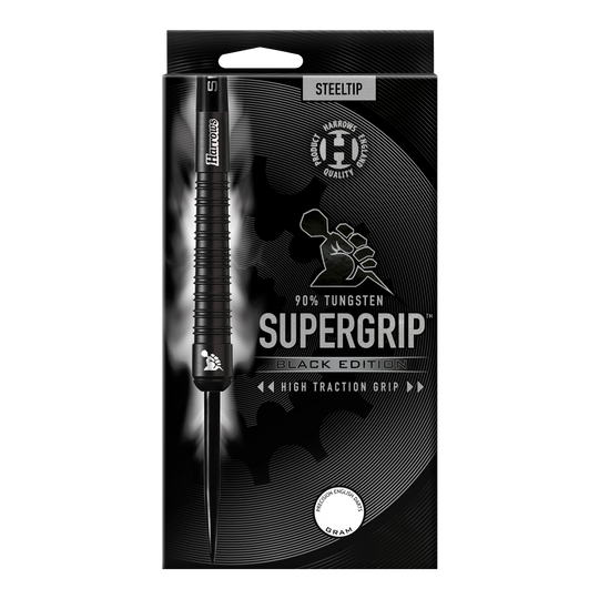 Dardos de acero Harrows Supergrip Black Edition Das Bild zeigt die Verpackung der "Harrows Supergrip Black-Edition Steeldarts". Die Verpackung ist schwarz gehalten und hebt die hohe Griffigkeit sowie einen 90%igen Tungsten-Anteil hervor.