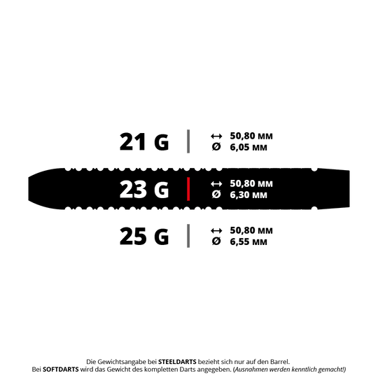 Misión Horus Steeldarts Das Bild zeigt drei verschiedene Steeldarts-Barrel-Gewichte: 21 g, 23 g und 25 g, jeweils mit einer Länge von 50,80 mm. Die Durchmesser variieren je nach Gewicht: 6,05 mm, 6,30 mm und 6,55 mm.