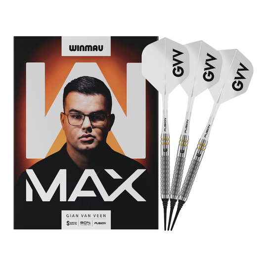 Dardos blandos Winmau Gian Van Veen W-MAX - 18g Winmau Gian Van Veen W-MAX Softdarts - 18g werden vollständig dargestellt. Alle Details der drei Darts sind sichtbar.