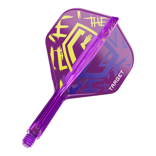 Target K-Flex Luke Littler Campeón del Mundo 2025 No2 Vuelos Estándar Das Bild zeigt einen lila Dartflight mit grafischen gelben und blauen Elementen. Auf dem Flight steht das Wort "TARGET" und es hat ein auffälliges, modernes Design.
