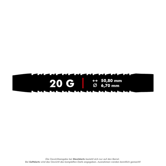 RD2535_Red_Dragon_Razor_Edge_Elite_Softdarts_5_20g Das Bild zeigt die Produktangaben der Red Dragon Razor Edge Elite Softdarts mit einem Gewicht von 20 Gramm. Die Darts haben eine Länge von 50,80 mm und einen Durchmesser von 6,70 mm.