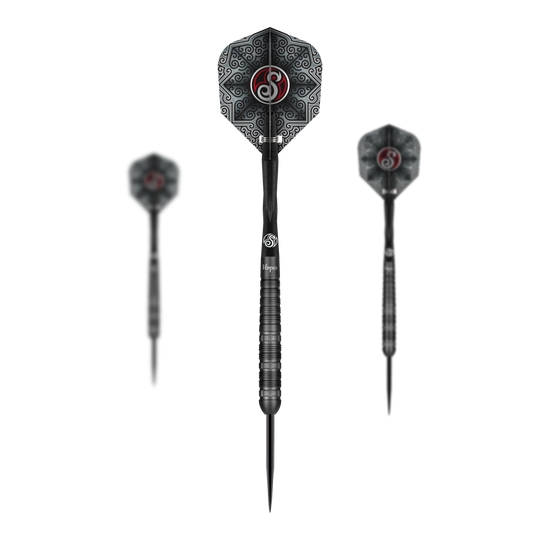 Dardos de acero Shot Pro-Series Haupai Puha 2 - 24 g Das Bild zeigt drei Steeldarts des Produkts "Shot Pro-Series Haupai Puha 2" mit einem Gewicht von 24 Gramm. Die Darts haben ein schwarzes Design mit auffälligen Mustern auf den Flights.