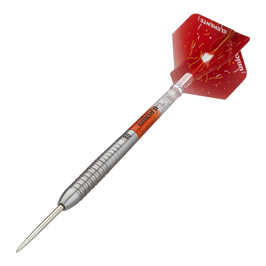 Dardos de acero Unicorn Core XL Striker Style 5 Das Bild zeigt einen Unicorn Core XL Striker Style 5 Steeldart. Der Dartpfeil hat einen silbernen Schaft und rote Flights mit gelben Mustern.