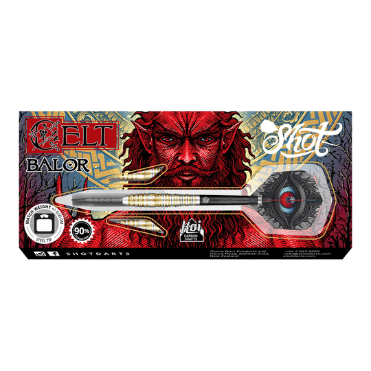 Dardos de acero Shot Celt Balor Das Bild zeigt die Verpackung der "Shot Celt Balor Steeldarts". Im Hintergrund ist ein auffälliges, rotes Fantasy-Gesicht und kunstvolles Design zu sehen.