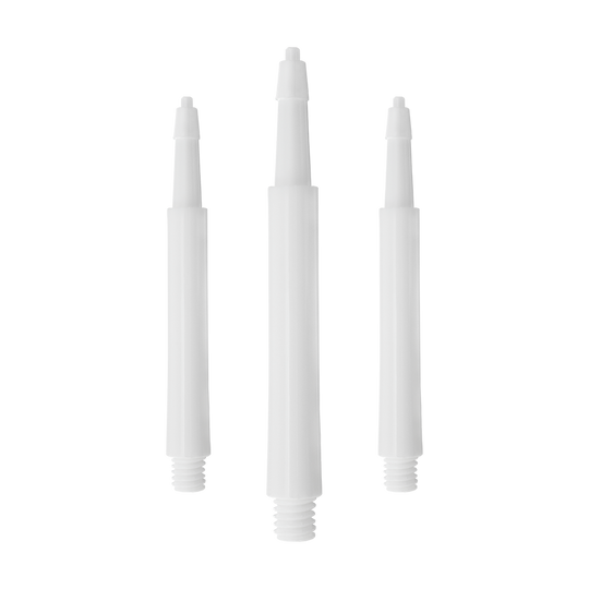 HRC12626W_Harrows_Clic_Standard_Shafts_Weiss_30mm_1WJNxTkqVRaEoq Das Bild zeigt drei weiße Harrows Clic Standard Shafts für Darts. Sie sind aus Kunststoff gefertigt und haben am unteren Ende ein Gewinde.