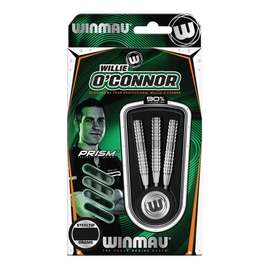 Dardos de acero Winmau Willie O'Connor - 23 g Die Verpackung zeigt die Winmau Willie O’Connor Steeldarts mit einem Gewicht von 23 Gramm. Im Inneren sind drei silberne Steeldarts zu sehen.