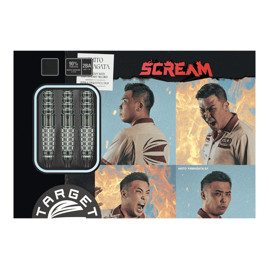 Dardos blandos Target Japan Akito Yamagata Scream GEN1 - 19 g Das Bild zeigt die Verpackung der Target Japan Akito Yamagata Scream GEN1 Softdarts - 19g. Auf der Verpackung sind drei Darts sowie vier ausdrucksstarke Porträtfotos einer Person zu sehen.