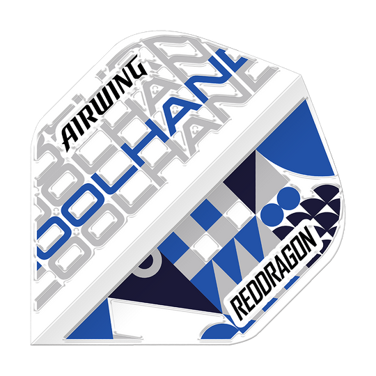 Vuelos estándar de Luke Humphries White de Red Dragon Airwing Das Bild zeigt das Produkt "Red Dragon Airwing Luke Humphries White Standard Flights". Das Flight ist überwiegend weiß mit blauen und schwarzen grafischen Elementen sowie der Aufschrift "AIRWING" und "REDDRAGON".