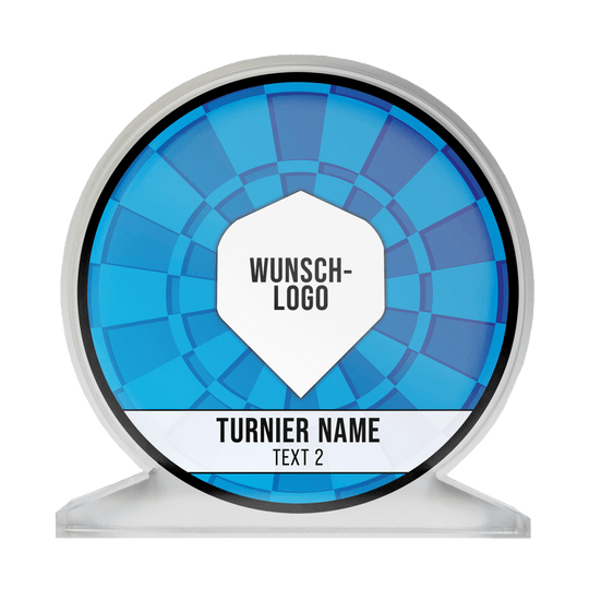 ACP-Blau_Acrylglas_Pokal_mit_Wunschdruck_Logo_Blau_1 Dies ist ein runder Pokal aus Acrylglas mit einem blauen Muster. In der Mitte steht "Wunsch-Logo" und darunter "Turnier Name" und "Text 2".