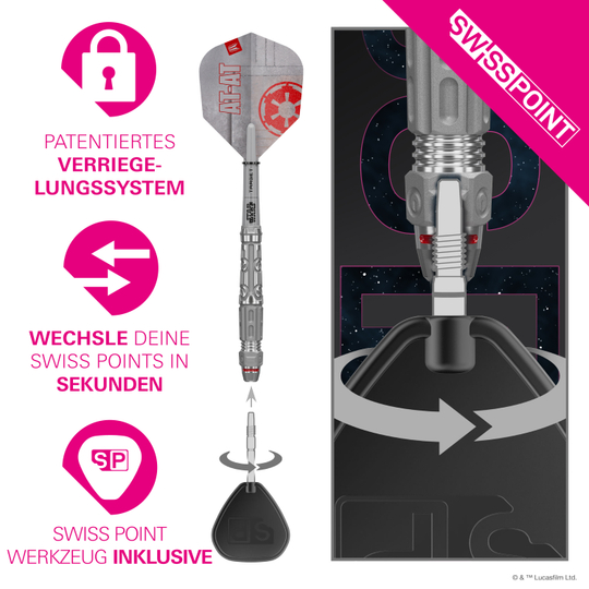 Dardos de acero Target Star Wars AT-AT Swiss Point Hier sind die Target Star Wars AT-AT Swiss Point Steeldarts abgebildet. Die Darts haben ein einzigartiges Design aus dem Star Wars Universum.