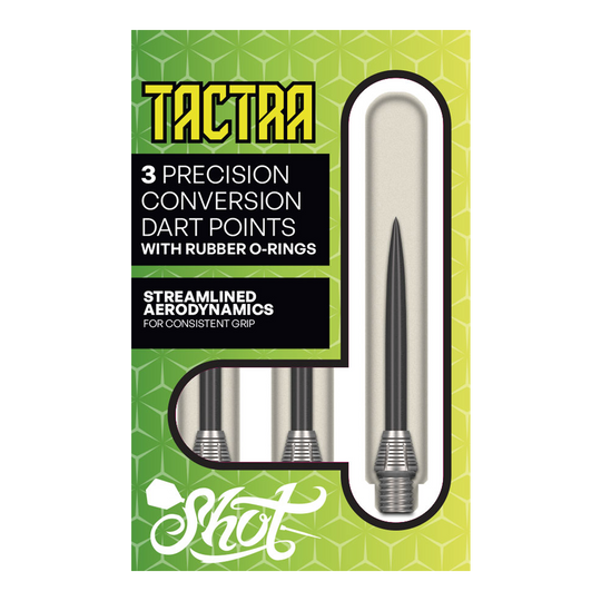 Puntos de conversión Shot Tactra - 34 mm Hier sieht man die Shot Tactra Conversion Points - 34 mm. Sie bieten eine praktische Lösung für Dartspieler, die flexibel wechseln möchten.