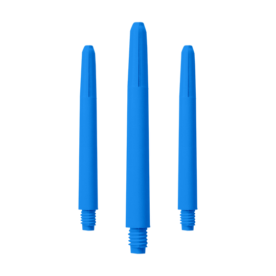 574_Nylon_Shafts_Blau_48mm_1 Das Bild zeigt drei blaue Nylon-Schäfte. Sie sind nebeneinander angeordnet und haben ein Schraubgewinde am unteren Ende.